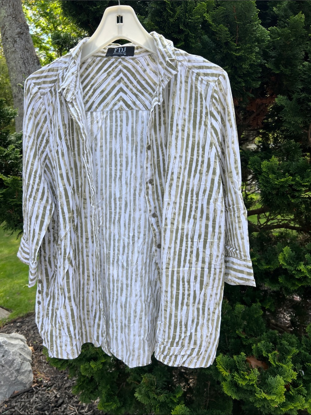 FDJ Striped Button-Down Shirt Jacket in Olive and White